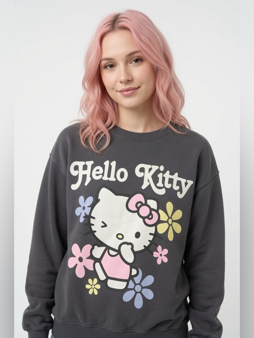 Hello Kitty Grey Crewneck Sweatshirt with Pastel Floral Graphic